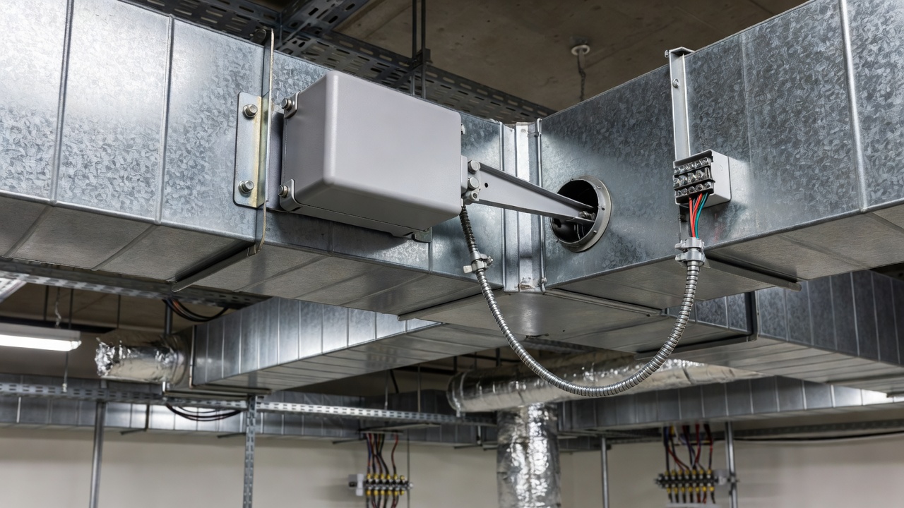 Damper actuator mounted on rectangular HVAC duct in mechanical room
