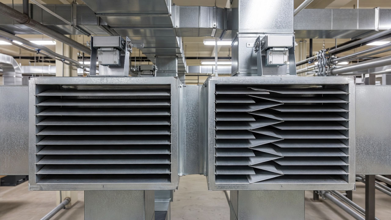 Parallel-blade and opposed-blade dampers side by side on HVAC ducts